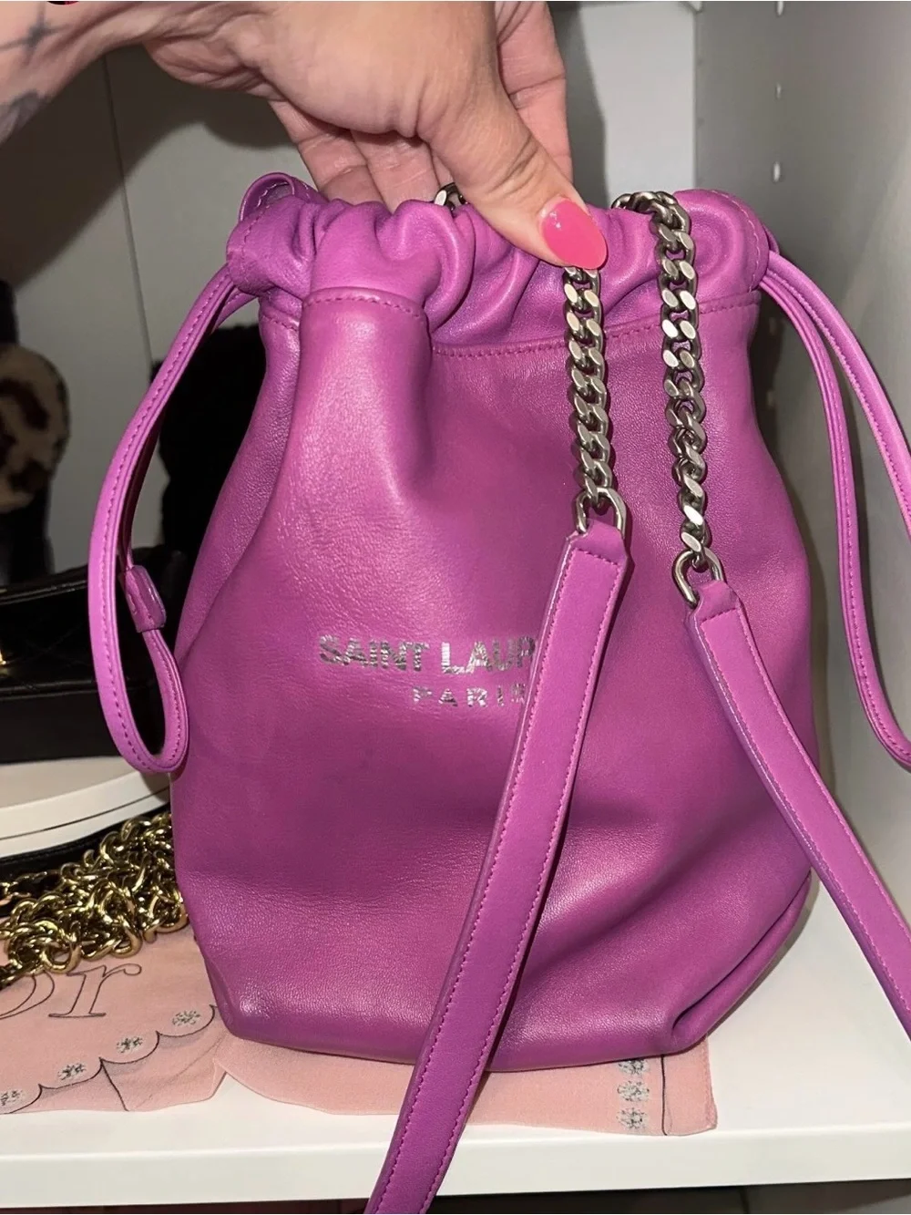 Saint Laurent Bag Drawstring Shoulder PARIS Purple Pouch Chain Teddy